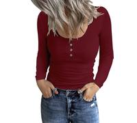 TrendiMax Damen Langarmshirt Rundhals Stretch Pullover Gerippt Elegant Langarm Oberteile Henley Shirt mit Knopfleiste Casual Basic Tops, Weinrot, L