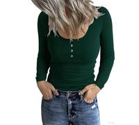 TrendiMax Damen Langarmshirt Rundhals Stretch Pullover Gerippt Elegant Langarm Oberteile Henley Shirt mit Knopfleiste Casual Basic Tops
