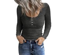 TrendiMax Damen Langarmshirt Rundhals Stretch Pullover Gerippt Elegant Langarm Oberteile Henley Shirt mit Knopfleiste Casual Basic Tops, Dunkelgrau, L