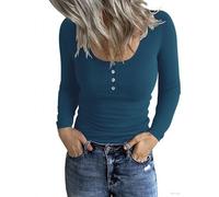 TrendiMax Damen Langarmshirt Rundhals Stretch Pullover Gerippt Elegant Langarm Oberteile Henley Shirt mit Knopfleiste Casual Basic Tops, Alt Blau, S