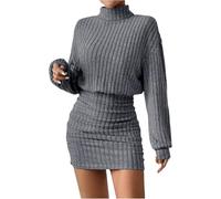 TrendiMax Damen Strickkleid Stehkragen Langarm Freizeitkleid Kurzes Party Club Kleid Herbst Enge Pullover Kleider Winterkleid (M, Grau)
