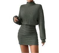 TrendiMax Damen Strickkleid Stehkragen Langarm Freizeitkleid Kurzes Party Club Kleid Herbst Enge Pullover Kleider Winterkleid (M, Grün)