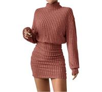 TrendiMax Damen Strickkleid Stehkragen Langarm Freizeitkleid Kurzes Party Club Kleid Herbst Enge Pullover Kleider Winterkleid (S, Rot)