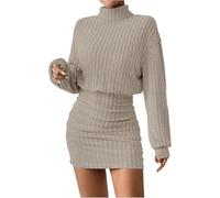 TrendiMax Damen Strickkleid Stehkragen Langarm Freizeitkleid Kurzes Party Club Kleid Herbst Enge Pullover Kleider Winterkleid (Khaki, M)
