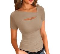 TrendiMax Damen T-Shirt Gerippt Slim Fit Basic Tee Shirts Asymmetrischer Ausschnitt Kurzarm Sommer Tshirt Stretch Oberteile Casual Bluse Tops