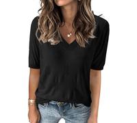 TrendiMax Damen T-Shirt V Ausschnitt Kurzarm Strick Shirt Dünne Pullover Sommer Frühling Strickpullover Casual Oberteile Bluse Tops (S, Schwarz)
