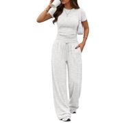 Trendy Queen 2-teiliges passendes Sommer-Sweatsuit-Lounge-Set für Damen, weites Bein, Hose mit seitlichen Rüschen, bauchfreies Top-Set, Hafergrau, M
