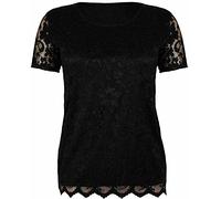 TrendyFashion Damen-Bluse mit kurzen Ärmeln, Stretch, Rundhalsausschnitt, gefüttert, florales Spitze, T-Shirt, Schwarz , 40
