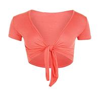 TrendyFashion Damen Casual Tie Up Crop Top Damen Kurzarm Stretch Open Top Damen Casual Open Front Bolero Shrug, korallenrot, 42-44