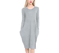TrendyFashion Damen-Midi-Kleid im Lagen-Look, langärmlig, 2 Seitentaschen, hellgrau, 38-40