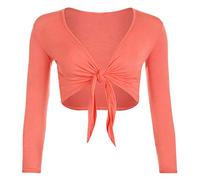 TrendyFashion Damen Shrug Tie Up Langarm Top Damen Einfarbig Lange Ärmel Tie Up Front Bolero Shrug Damen Wrap Open Crop Cardigan Top, korallenrot, 46-48