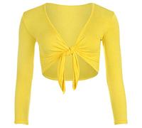 TrendyFashion Damen Shrug Tie Up Langarm Top Damen Einfarbig Lange Ärmel Tie Up Front Bolero Shrug Damen Wrap Open Crop Cardigan Top, gelb, 42-44