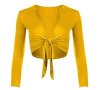 TrendyFashion Damen Shrug Tie Up Langarm Top Damen Einfarbig Lange Ärmel Tie Up Front Bolero Shrug Damen Wrap Open Crop Cardigan Top, senffarben, 38-40
