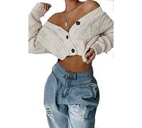 TrendyFashion Damen-Strickjacke, kurz, mit Zopfmuster, 3 Knöpfen, zum Öffnen, cremefarben, 38-40