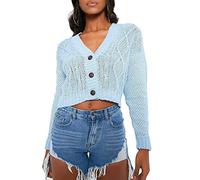 TrendyFashion Damen-Strickjacke, kurz, mit Zopfmuster, 3 Knöpfen, zum Öffnen, himmelblau, 34-36