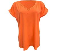 TrendyFashion Damen-T-Shirt mit kurzen Ärmeln, Übergröße, einfarbig, V-Ausschnitt, Größe 36-52, neon-orange, 42-44