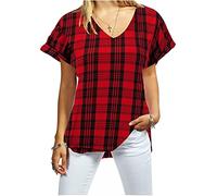 TrendyFashion Damen-T-Shirt mit kurzen Ärmeln, Übergröße, einfarbig, V-Ausschnitt, Größe 36-52, Rotes Tartan-Muster, 50-52