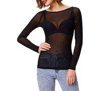 TrendyFashion Damen-T-Shirt, Rundhalsausschnitt, durchsichtig, sexy, langärmelig, Netzstoff, durchsichtig, Clubwear, Schwarz , 46-48