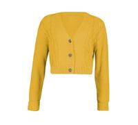 TrendyFashion Kurzer Damen-Cardigan mit Zopfmuster, 3 Knöpfe, offener Cardigan, bauchfreies Oberteil, senffarben, 34-36