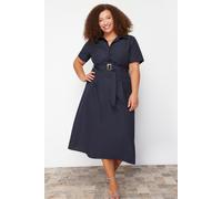 Trendyol Curve Damen Dunkelblau Einfarbig Midi Kurz Casual Hemdblusenkleid Große Größen Kleid