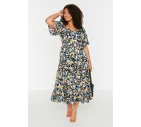Trendyol Curve Damen Dunkelblau Geblümt Maxi 3/4-Arm Casual A-Linie Große Größen Kleid EU 50 / UK 22