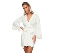TRENDYOL Damen Anschließen Detaillierter Leinen-aussehender Strandkleid Dress, Weiß, 42