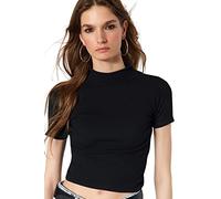 Trendyol Damen Aufrechter Kragen Pasping Crop Gestrickte Bluse Blouse, Schwarz, M EU