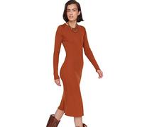 Trendyol Damen Figurbetont Bodycon Rundhalsausschnitt Trikot Kleid, Camel, L