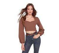 Trendyol Damen Figurbetont Standard Karrée-Ausschnitt Webstoff Bluse, Braun, 42