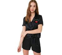 Trendyol Damen Mit Slogan Knopf Webstoff Hemd-Shorts Pyjama, Schwarz, 40