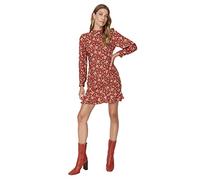 Trendyol Damen Regular Gerüschter Saum Rundhalsausschnitt Webstoff Kleid, Braun, 40