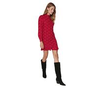Trendyol Damen Regular Gerüschter Saum Rundhalsausschnitt Webstoff Kleid, Rot, 36