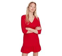 Trendyol Damen Regular Gerüschter Saum V-Ausschnitt Webstoff Kleid, Rot, 36