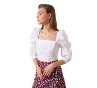TRENDYOL Damen Regular Standard Karrée-Ausschnitt Webstoff Bluse, Weiß, 36