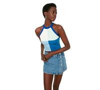 TRENDYOL Damen Slim Bodycon Rundhals Gewebte Bluse Hemd, Blau, L