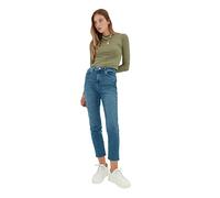 Trendyol Damen Trendyol Trophäe Gestrichelte Hohe Taille Slim Fit Jeans, Blau, 40 EU