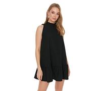 TRENDYOL Damen Trendyol Woman Petite Mini Ruffle Hem V-Neck Woven Dress, Schwarz, 42 EU