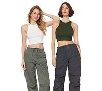 Trendyol Damen Woman Fitted Bodycon Crew Neck Knit Camisole Hemd, White/Khaki, M