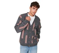 Trendyol Herren Gemusterte Strickjacke mit V-Ausschnitt Pullover, grau, Medium