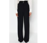 Trendyol Damen-Strickhose mit Gürtel, weites Bein, hohe Taille, Smart Crepe-Strickhose, Schwarz, TWOSS23PL00330, Schwarz, Größe XL, Schwarz/Schiere Freude, XL
