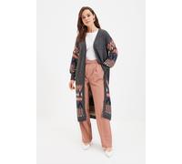 Trendyol Modest Damen Grau Ethno-Muster Lang Oversize Modest Cardigans S