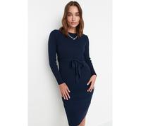 Trendyol Collection Marineblaues, Figurbetontes Midi-strickkleid Mit Gürtel für Damen - S