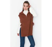Trendyol Modest Brauner Strickpullover Mit Seitlichem Bindeband Und Reißverschlusskragen, Detaillierter Strickpullover für Damen - 36