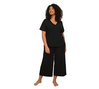 Trendyol Women Short Sleeve V-Neck Without Closure Plus Size Pajama Set -Plain Black