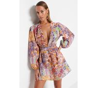 TRENDYOLMİLLA Damen Mehrfarbig Ethno-Muster Kurz / Mini Lang Strandmode Skater Strandkleider