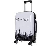 Trendyshop365 Handgepäckkoffer Motiv Flugzeug mit Skyline 56 cm 36 Liter 4 Räder Weiß Zahlenschloss