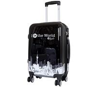 Trendyshop365 Hartschale Handgepäck Rollkoffer mit Flugzeug Städte Motiv - Fly The World schwarz - 58 cm 46 Liter 4 Rollen