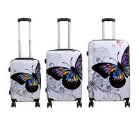 Trendyshop365 Koffer-Set Hartschale Schmetterling 3-teilig 4 Räder Weiß Printdesign Zahlenschloss