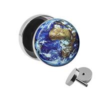 Treuheld | Ohrstecker zum Schrauben - die ERDE - der BLAUE PLANET - schwarz-grau - Motiv Fake-Plug Ø 10mm Silber - Edel-Stahl Ohr-Ringe - Chirurgen-Stahl 316L Fake-Tunnel - Gewinde Ohr-Stecker