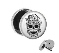 Treuheld | Ohrstecker zum Schrauben - LA CATRINA - Girl Skull - schwarz-grau - Motiv Fake-Plug Ø 10mm Silber - Edel-Stahl Ohr-Ringe - Chirurgen-Stahl Fake-Tunnel - Gewinde Ohr-Stecker - Toten-Kopf